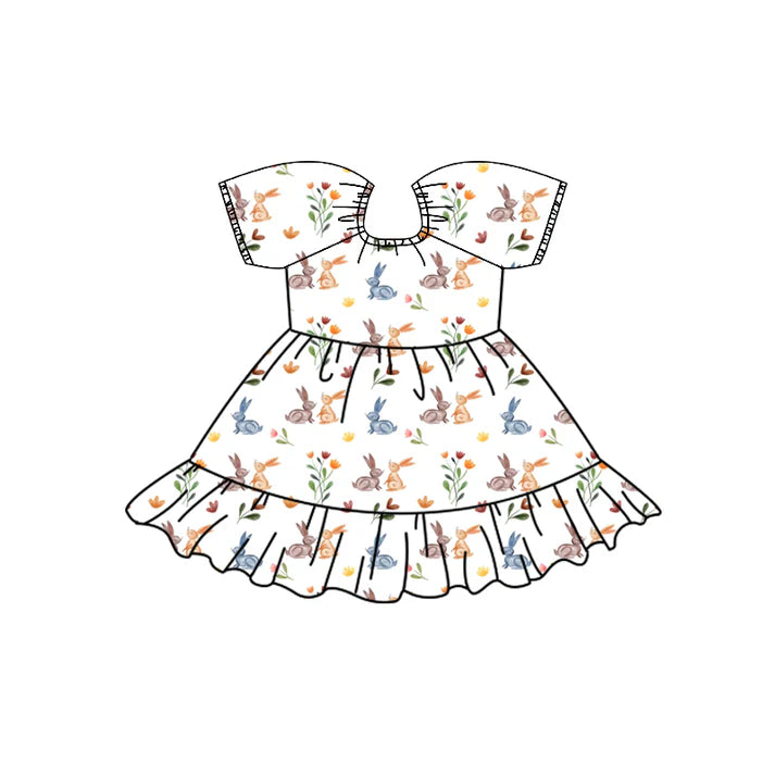 Preorder (moq 5)Baby Girls Colorful Flowers Rabbits Easter Ruffle Knee Length Dresses 12.2