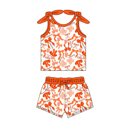 Preorder MOQ 5 pcs sleeveless S F orange bow top shorts girls team clothes 8.23