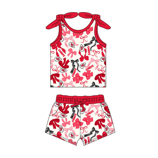 Preorder MOQ 5 pcs sleeveless red K C bow top shorts girls team clothes 8.26
