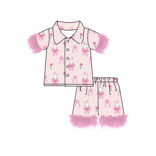 Preorder (moq 8)Baby Girls Flowers Rabbits Bows Button Top Shorts Easter Fur Pajamas Sets 9.17