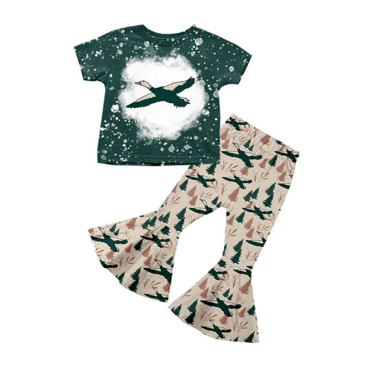 Preorder (moq 5)Baby Girls Dark Green Short Sleeves Ducks Top Trees Bell Bottom Pant Set 5.12