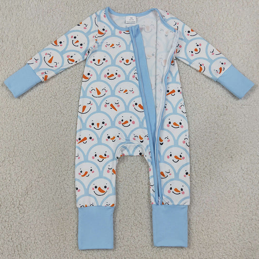 Baby Boys Blue Checked Snowmen Christmas Two Way Zip Convertible Rompers LR3166