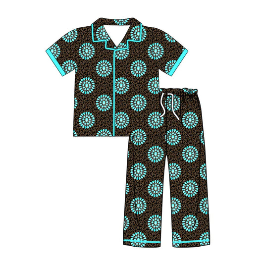 Preorder (moq 8)Baby Kids Short Sleeve Camo Turquoises Button Top Pants Western Pajamas Sets 9.19