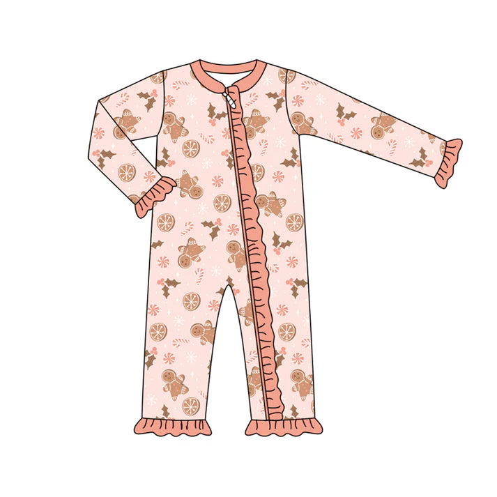 Preorder (moq 5)Baby Girls Long Sleeves Peach Holly Gingerbread Ruffle Zipper Romper 7.3