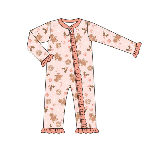 Preorder (moq 5)Baby Girls Long Sleeves Peach Holly Gingerbread Ruffle Zipper Romper 7.3