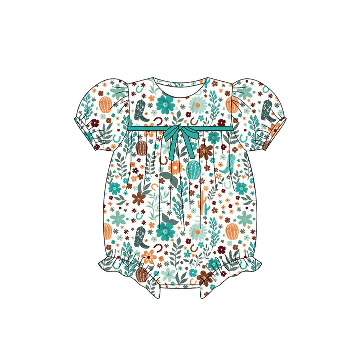 Preorder (moq 5)Baby Girls Short Ruffle Sleeves Green Floral Boots Rompers 5.23