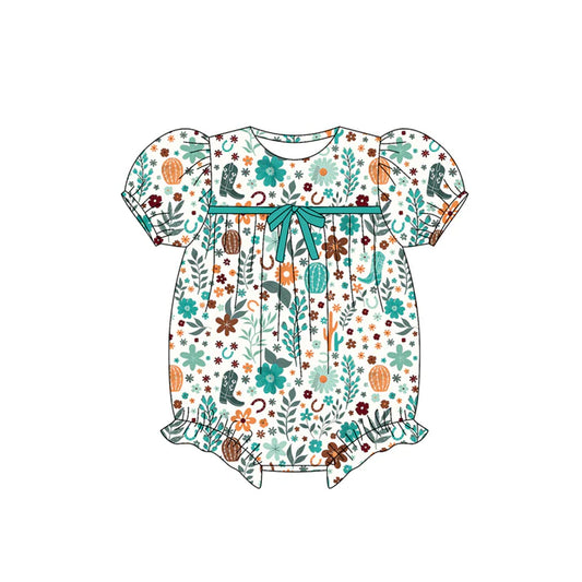 Preorder (moq 5)Baby Girls Short Ruffle Sleeves Green Floral Boots Rompers 5.23