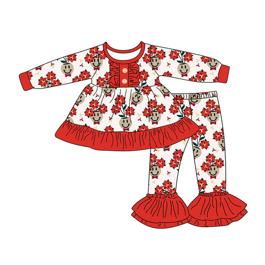Preorder (moq 5)Baby Girls Long Sleeves Red Flowers Smiles Button Tunic Bell Bottom Pants Set 7.26