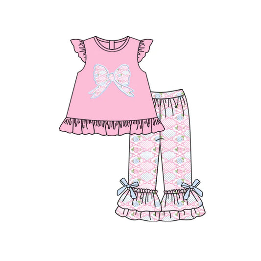 Preorder (moq 5)Baby Girls Pink Flutter Sleeves Floral Bows Tunic Ruffle Pant Set 5.19