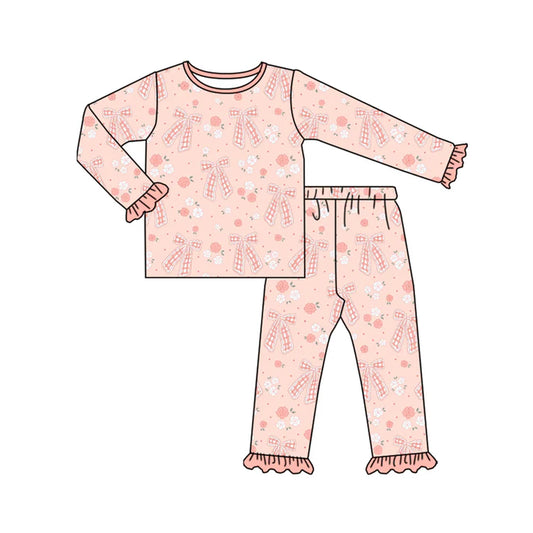 Preorder (moq 5)Baby Girls Pink Bows Flowers Top Ruffle Pant Pajamas Set 8.4