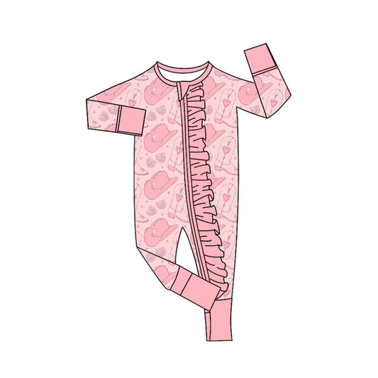 Preorder (moq 8)Baby Girls Pink Hats Heart Boots Valentine Ruffle Zipper Footie Rompers 9.22
