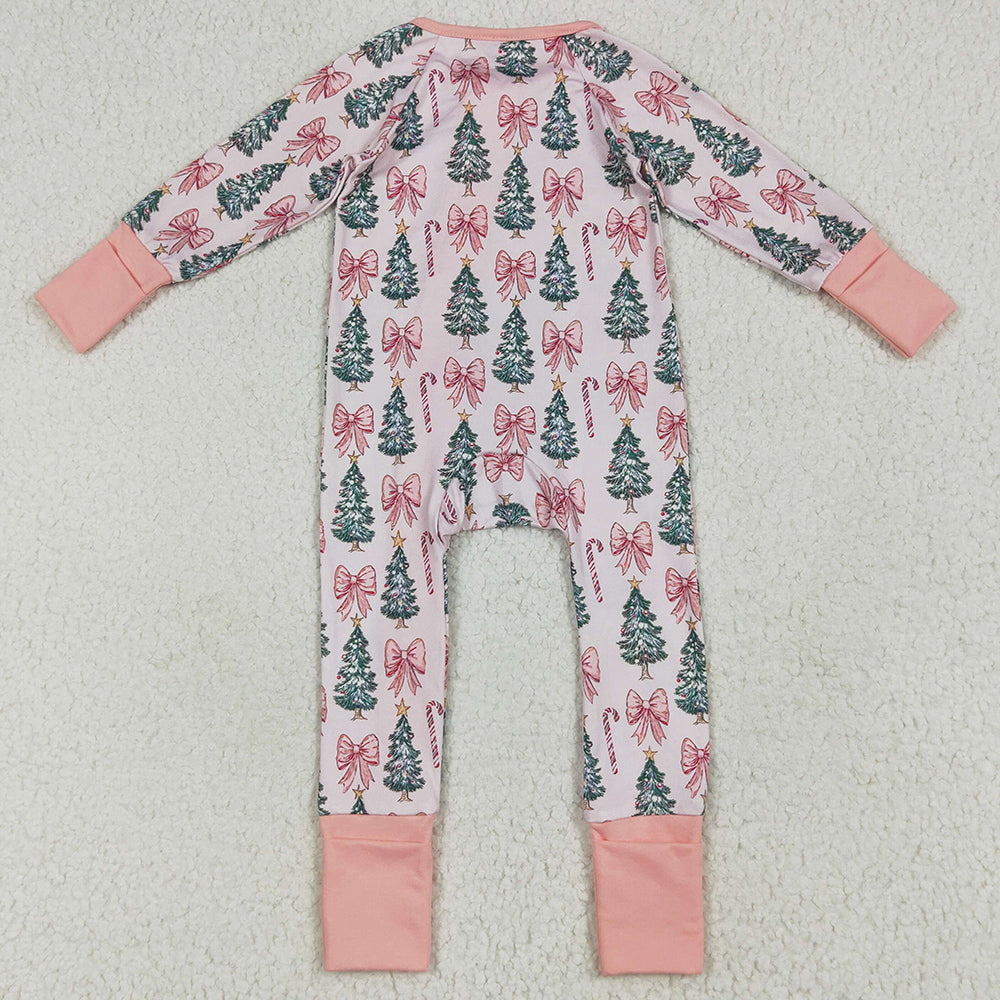 Baby Girls Rompers Christmas Tree Pink Bows Zipper Footie Rompers LR2283 7.9