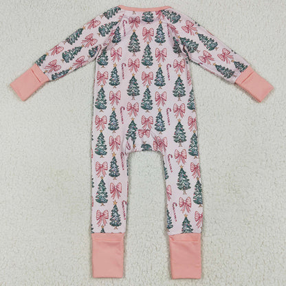 Baby Girls Rompers Christmas Tree Pink Bows Zipper Footie Rompers LR2283 7.9