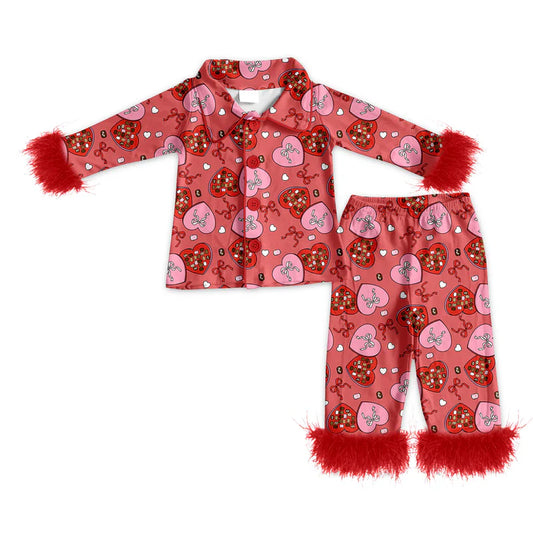 Preorder (moq 5)Baby Girls Bows Hearts Button Top Pants Valentines Fur Sleeve Pajamas Sets 11.22