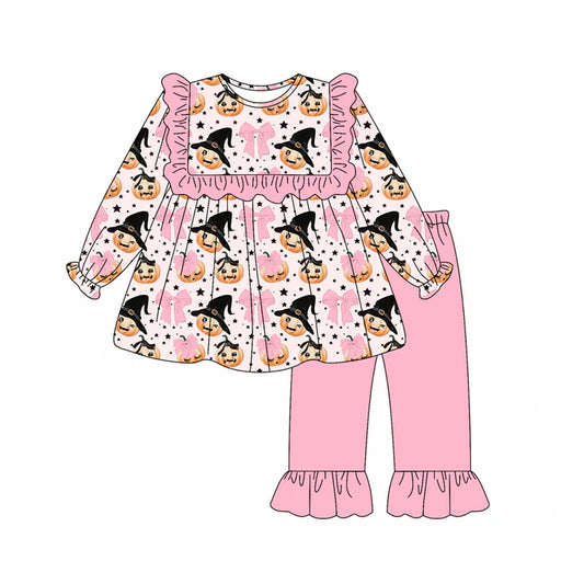 Preorder (moq 5)Baby Girls Long Sleeves Pink Bows Ghosts Pumpkins Tunic Ruffle Pant Set 5.21