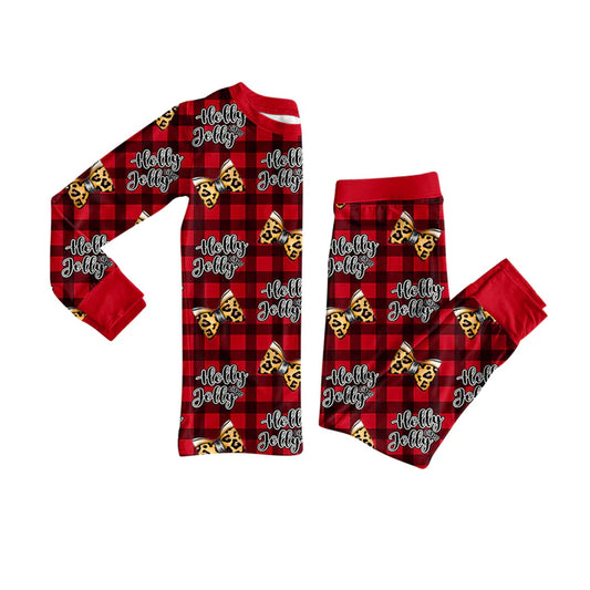 Preorder (moq 5)Baby Girls Long Sleeves Red Plaid Leopard Bows Top Pants Pajamas Set 7.28