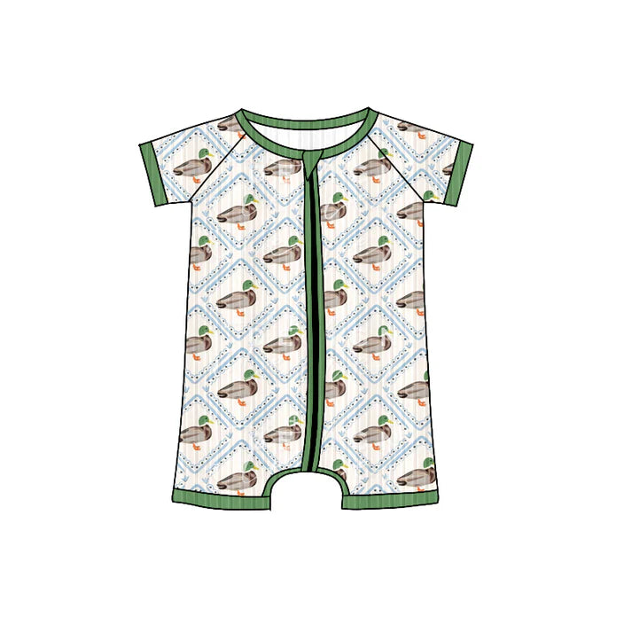 Preorder (moq 5)Baby Boys Green Short Sleeves Ducks Flowers Plaid Zipper Shorts Rompers 6.4