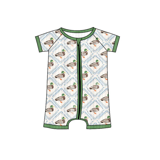 Preorder (moq 5)Baby Boys Green Short Sleeves Ducks Flowers Plaid Zipper Shorts Rompers 6.4