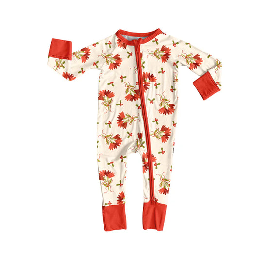 Preorder (moq 5)Baby Girls Long Ruffle Sleeves Red Bows Leaves Zipper Pant Rompers 5.30