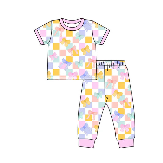 Preorder(moq 8)Baby Girls Colorful Bows Checked Top Pant Pajamas Sets 9.29