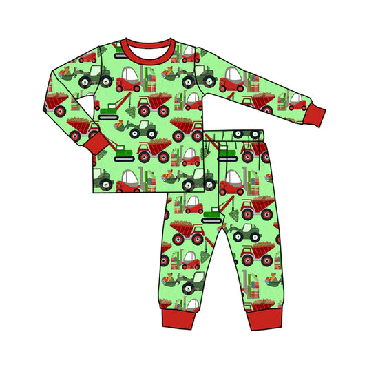 Preorder (moq 5)Baby Boys Green Long Sleeves Excavators Top Pant Pajamas Set 5.19