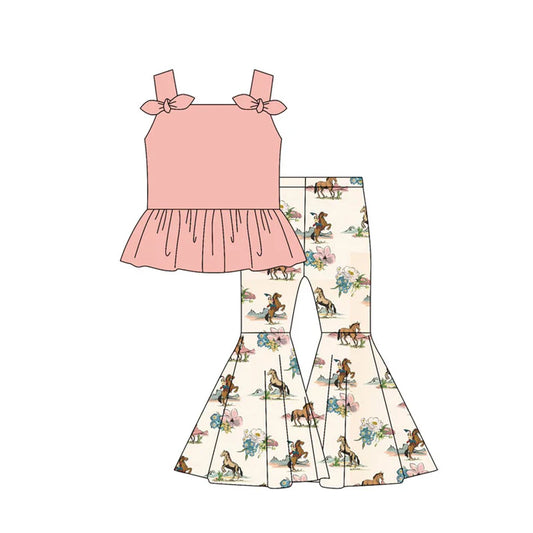 Preorder moq 5 Baby Girls Pink Strap Bows Tunic Horse Rodeos Bell Bottom Pants Set 4.30