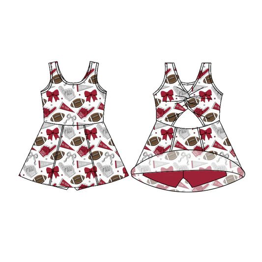 Preorder (moq 5)Baby Girls Sleeveless Red Bows Footballs Shorts Team Knee Length Dresses 7.17