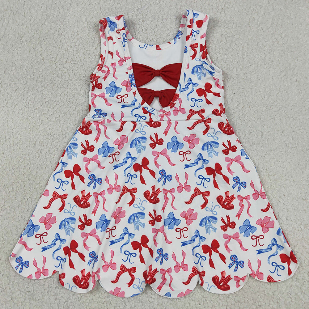 Baby Girls Dress 4th of July Bows Yoga Active Short Scallop Knee Length Dress GSD3809