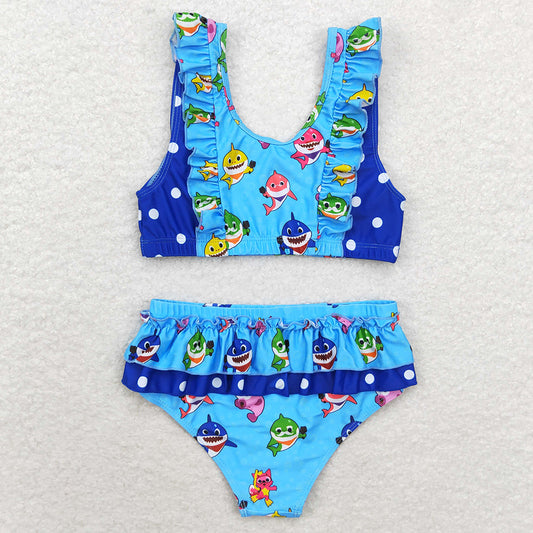 Baby Girls Swimsuits Summer Blue 2pcs Ruffle Swimsuits S0280