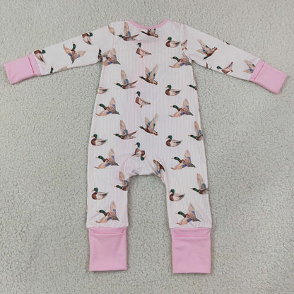 Baby Girls Rompers Pink Stripe Ducks Hunting Two Way Zip Convertible Rompers LR3218