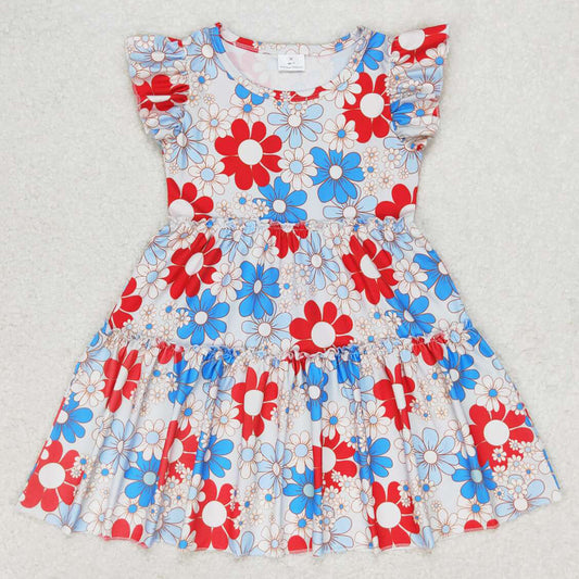 Baby Girls Dress Blue Red Flowers Flutter Sleeve Knee Length Dresses GSD0921