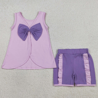 Baby Girls Clothes Lavender Sleeveless Back Bows Tunic Ruffle Shorts Clothes Sets GSSO3461