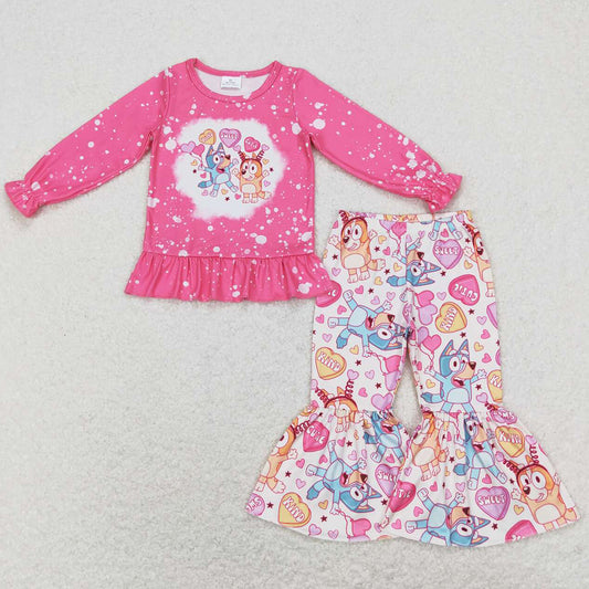 Hot Sale Baby Girls Clothes Valentine`s Cartoon Kids Girls Bell Bottom Outfits GLP1123