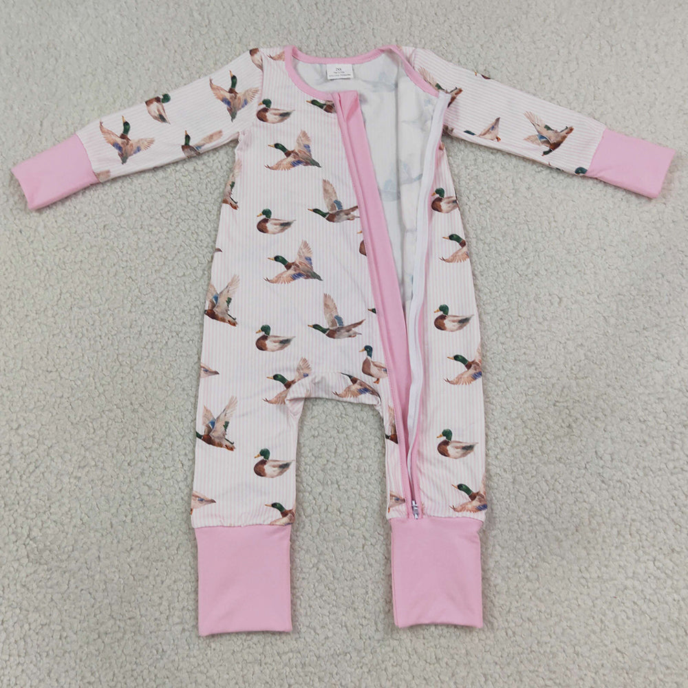Baby Girls Rompers Pink Stripe Ducks Hunting Two Way Zip Convertible Rompers LR3218
