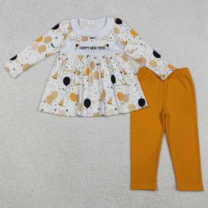 Sibling Baby Boys Girls Embroidery Happy New Year Balloons Stars Top Pants Clothes Sets GLP2901 BLP1299 11.1