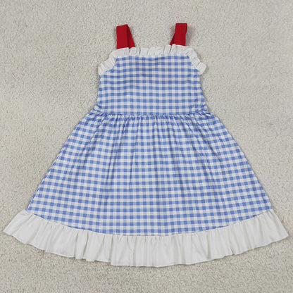Baby Girls Dress Strap Blue Checked Back Bows 4th of July Knee Length Dress GSD3843