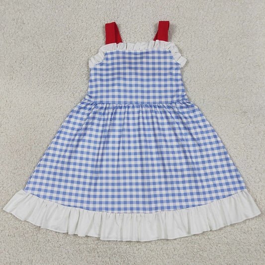 Baby Girls Dress Strap Blue Checked Back Bows 4th of July Knee Length Dress GSD3843