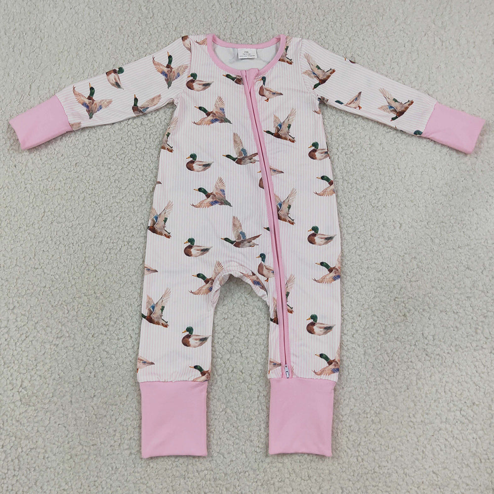 Baby Girls Rompers Pink Stripe Ducks Hunting Two Way Zip Convertible Rompers LR3218