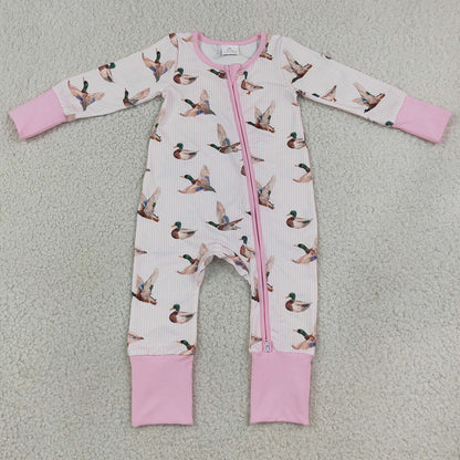 Baby Girls Rompers Pink Stripe Ducks Hunting Two Way Zip Convertible Rompers LR3218