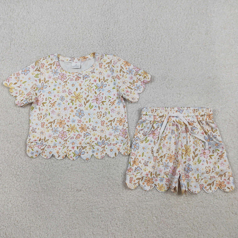 Baby Girls Clothes Short Sleeve Colorful Flowers Top Shorts Scallop Clothes Sets GSSO3268