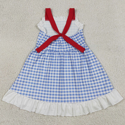 Baby Girls Dress Strap Blue Checked Back Bows 4th of July Knee Length Dress GSD3843