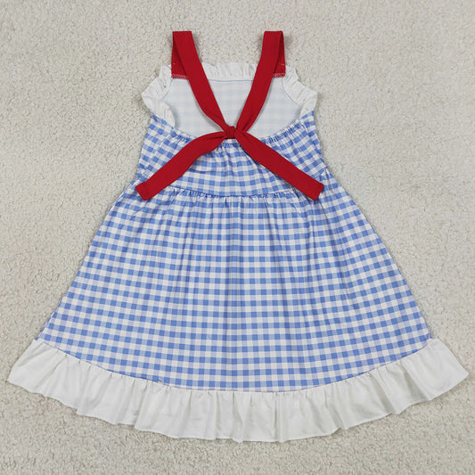 Baby Girls Dress Strap Blue Checked Back Bows 4th of July Knee Length Dress GSD3843