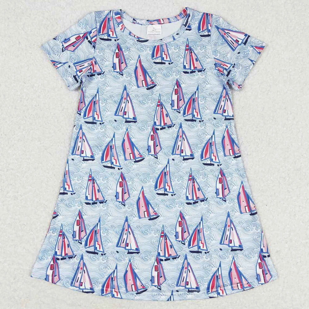 Baby Girls Dress Sail Boats Short Sleeve Knee Length Dresses GSD1161