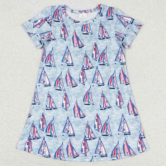 Baby Girls Dress Sail Boats Short Sleeve Knee Length Dresses GSD1161