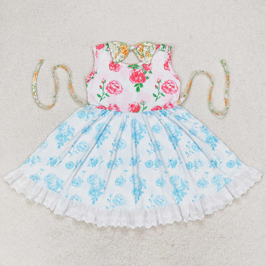 Baby Girls Dress Pink Flowers Blue Belt Floral Ruffle Knee Length Dresses GSD0987