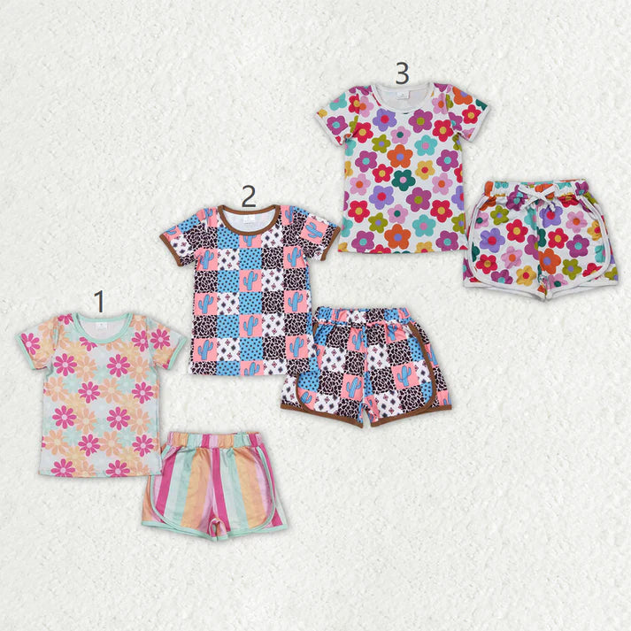 Sibling Baby Girls Short Sleeve Colorful Flowers Cactus Top Shorts Pajamas Clothes Sets
