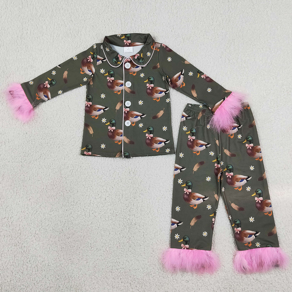 Baby Girls Pajamas Flowers Ducks Button Top Pant Fur Sleeves Hunting Pajamas Sets GLP3629