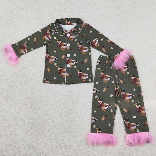 Baby Girls Pajamas Flowers Ducks Button Top Pant Fur Sleeves Hunting Pajamas Sets GLP3629