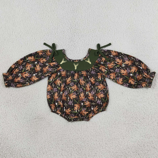 Baby Girls Rompers Embroidery Deer Green Leaves Camo Hunting Bows Romper LR2728