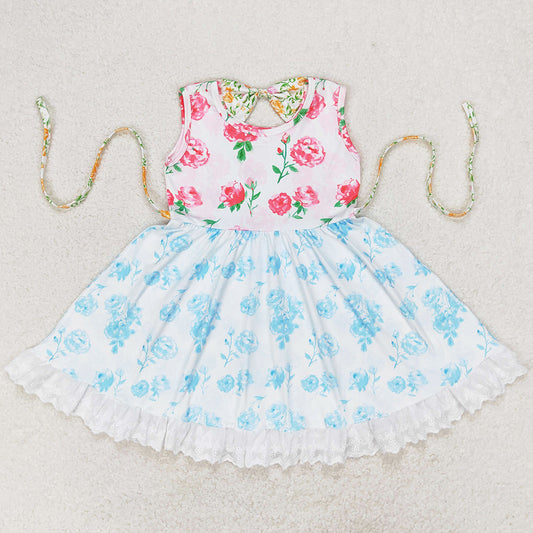 Baby Girls Dress Pink Flowers Blue Belt Floral Ruffle Knee Length Dresses GSD0987